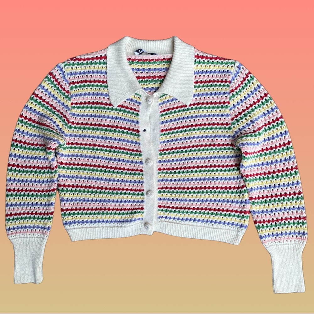 Zara Women’s Striped Knit Cardigan Jacket Multicolor Button Front Collar